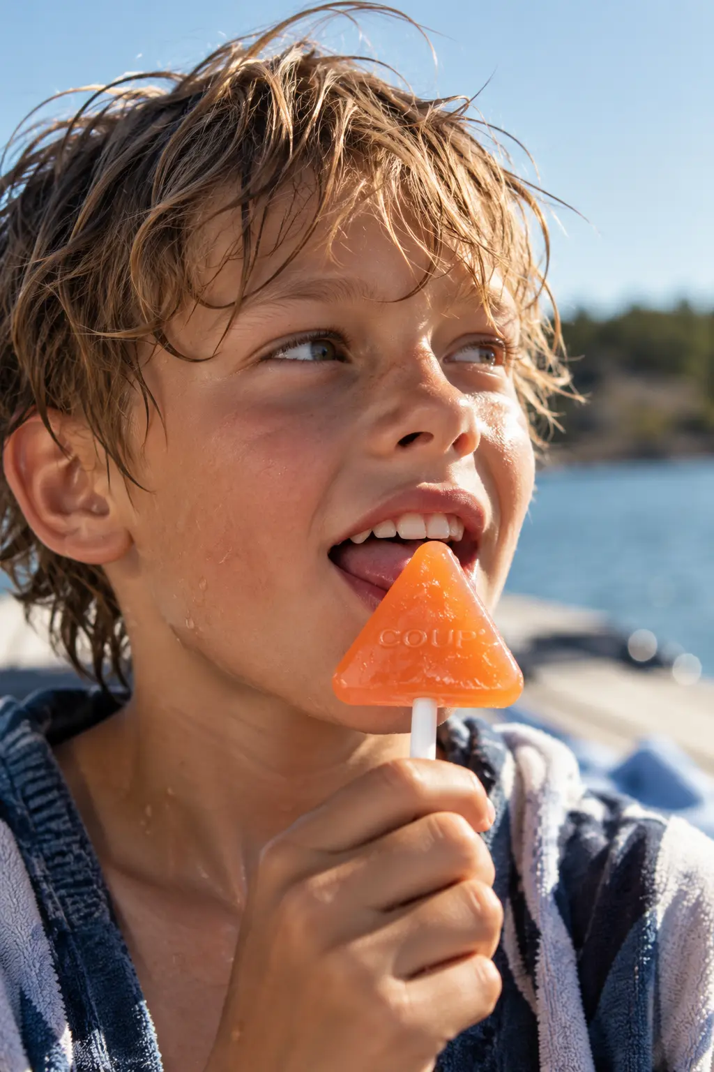A boy by the water tasting an orange COUP lollipop